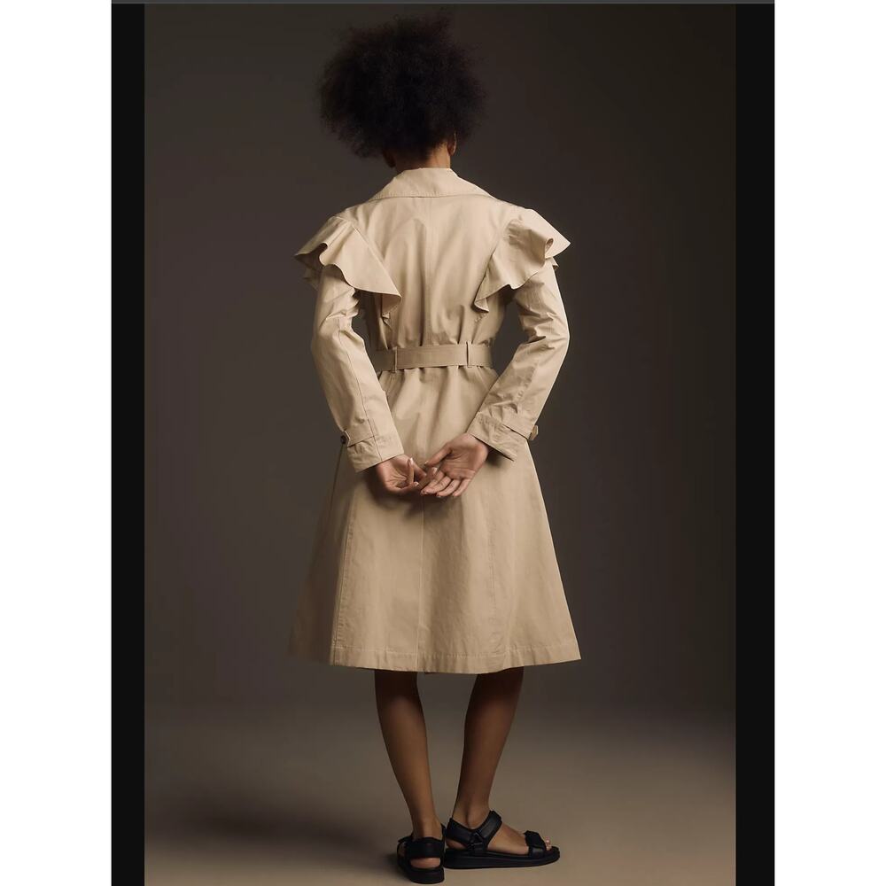 NWT Anthropologie Khaki Belted Trench Ruffled Coat - Size Large - Picture 3 of 5
